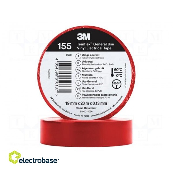 Tape: electrical insulating | W: 19mm | L: 20m | Thk: 0.127mm | red | 150%