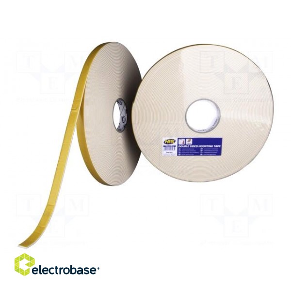 Tape: fixing | W: 19mm | L: 25m | Thk: 3mm | double-sided | white | max.80°C
