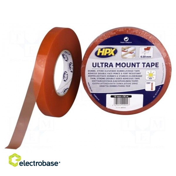 Tape: fixing | W: 19mm | L: 50m | Thk: 0.2mm | double-sided | transparent