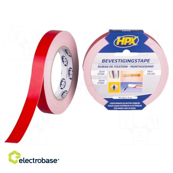 Tape: fixing | W: 19mm | L: 5m | Thk: 1.1mm | double-sided | acrylic | white