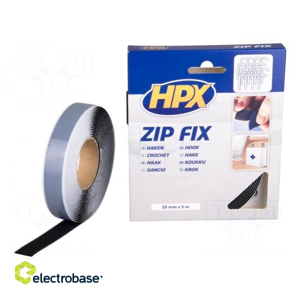Tape: hook and loop | W: 20mm | L: 5m | Thk: 1.5mm | synthetic rubber