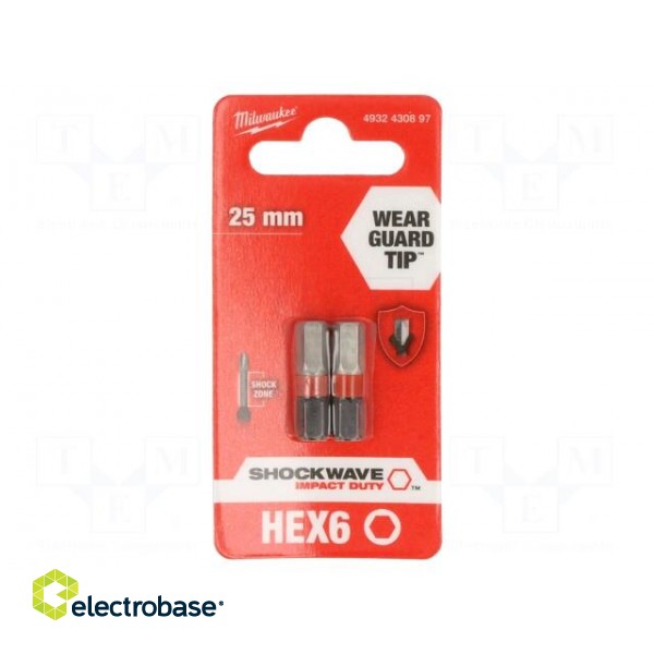 Screwdriver bit | hex key | HEX 6mm | Overall len: 25mm | 2pcs.