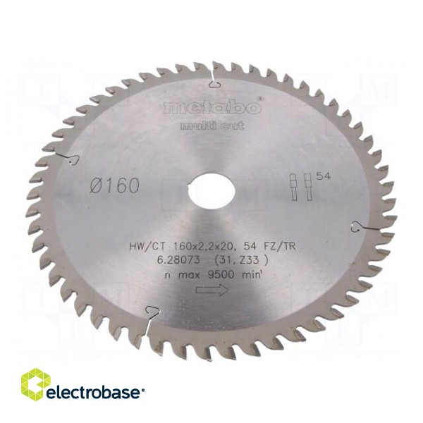 Circular saw | Ø: 160mm | Øhole: 20mm | W: 2.2mm | Teeth: 54 | Mat: HW/CT