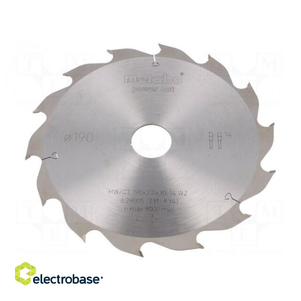 Circular saw | Ø: 190mm | Øhole: 30mm | W: 2.2mm | Teeth: 14 | Mat: HW/CT