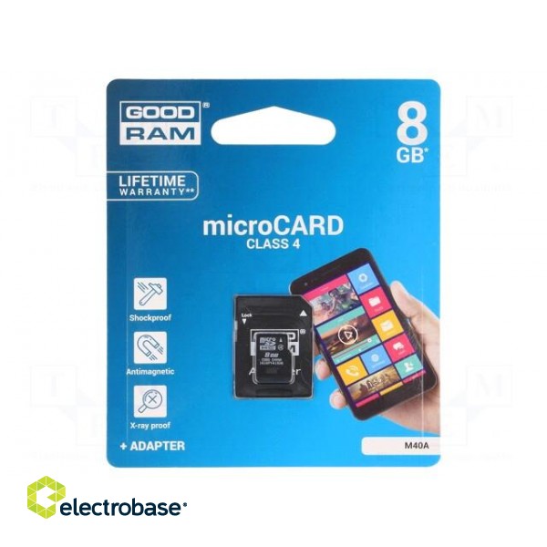 Memory card | SD HC Micro | 8GB | Read: 15MB/s | Write: 4MB/s | Class 4