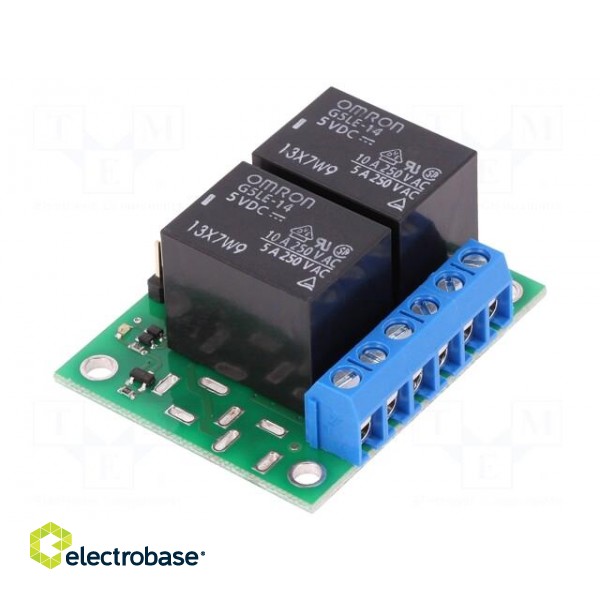 Module: relay | Channels: 2 | 5VDC | max.250VAC | 10A | pin strips,screw фото 1