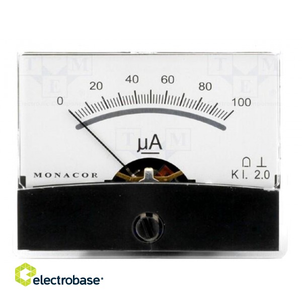 Ammeter | on panel | I DC: 0÷100uA | Class: 2 | Int.resist: 1kΩ | Ø37.5mm
