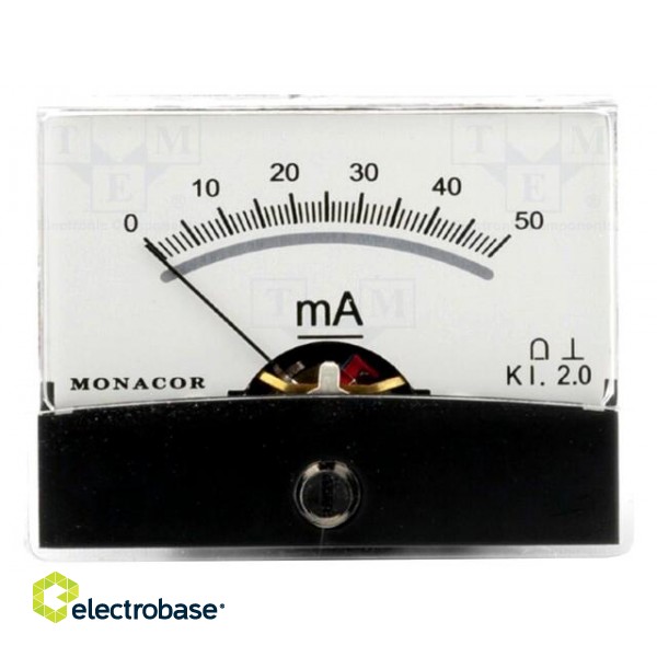 Ammeter | on panel | I DC: 0÷50mA | Class: 2 | Int.resist: 1.2Ω | Ø37.5mm