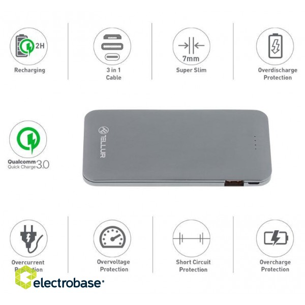 Tellur Power Bank QC 3.0 Fast Charge, 5000mAh, 3in1 gray фото 4