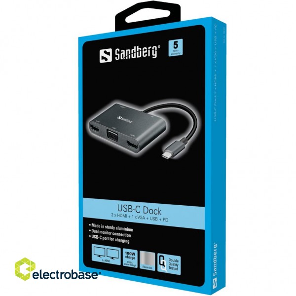 Sandberg 136-35 USB-C Dock 2xHDMI+1xVGA+USB+PD фото 2