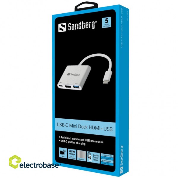 Sandberg 136-00 USB-C Mini Dock HDMI+USB paveikslėlis 2