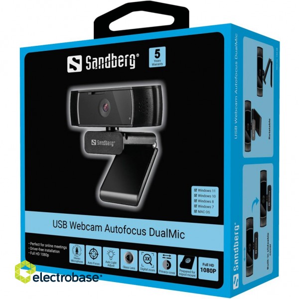 Sandberg 134-38 USB Webcam Autofocus DualMic paveikslėlis 6