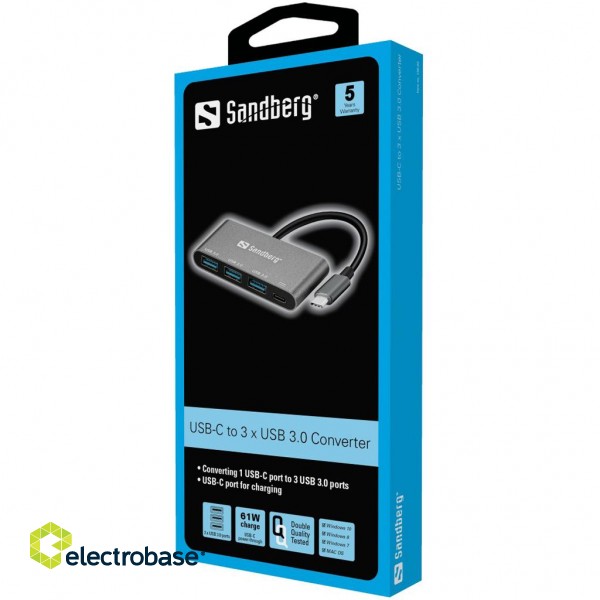 Sandberg 136-03 USB-C to 3xUSB 3.0 Hub + PD paveikslėlis 2