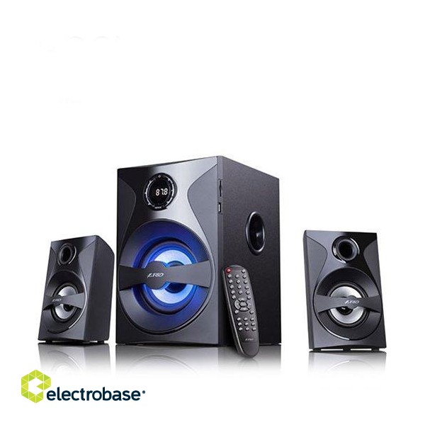 F&D F380X 2.1 Multimedia Speakers, 54W RMS (13Wx2+28W), 2x3'' Satellites + 5.25'' Subwoofer, BT 5.0/NFC/AUX/USB/FM/SD card reader/Multi-color LED/LED Display/Remote Control/Wooden/Black