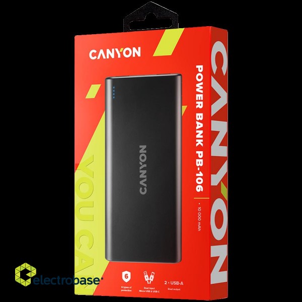 CANYON PB-106 Power bank 10000mAh Li-poly battery, Input 5V/2A, Output 5V/2.1A(Max), USB cable length 0.3m, 140*68*16mm, 0.24Kg, Black image 3
