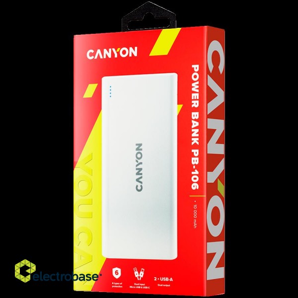 CANYON PB-106, Power bank 10000mAh Li-poly battery, Input 5V/2A, Output 5V/2.1A(Max), USB cable length 0.3m, 140*68*16mm, 0.24Kg, White image 3