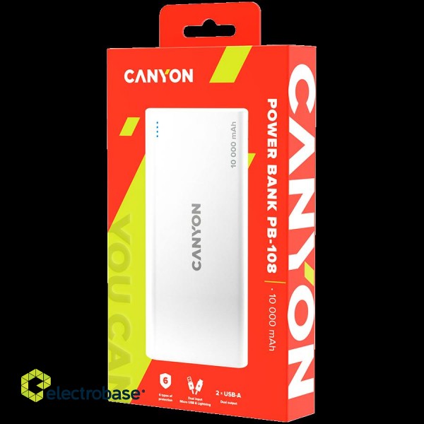 CANYON PB-108 Power bank 10000mAh Li-poly battery, Input 5V/2A, Output 5V/2.1A(Max), 140*68*16mm, 0.230Kg, White image 4