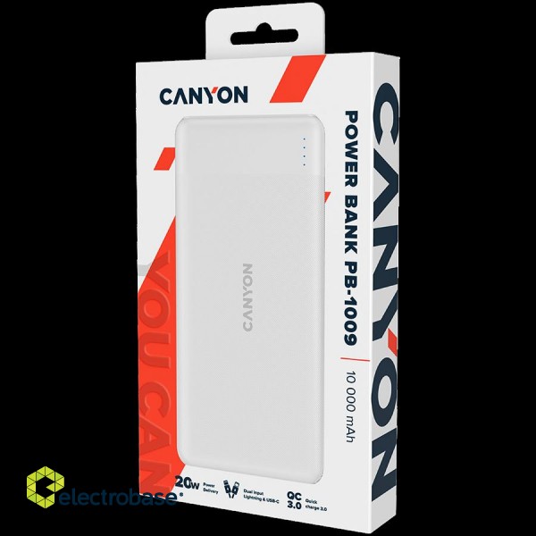 CANYON PB-109, Power bank 10000mAh Li-poly battery, Input Lightning &Type C  : 5V/2A, 9V/2A PD 18W(Max), Output Type C 5V/3A,9V/2.2A,12V/1.5A 20W,  Output USB A:5V3A,9V2A,12V1.5A,18W quick charging cable 0.3m, 144*68*16mm, 0.24kg, White image 4