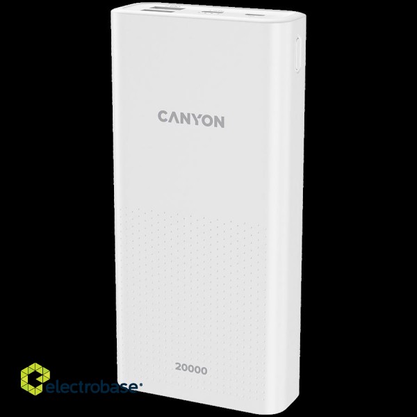 CANYON PB-2001, Power bank 20000mAh Li-poly battery, Input 5V/2A , Output 5V/2.1A(Max) , 144*69*28.5mm, 0.440Kg, white image 2