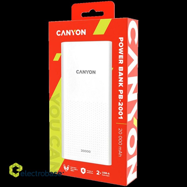 CANYON PB-2001, Power bank 20000mAh Li-poly battery, Input 5V/2A , Output 5V/2.1A(Max) , 144*69*28.5mm, 0.440Kg, white image 3