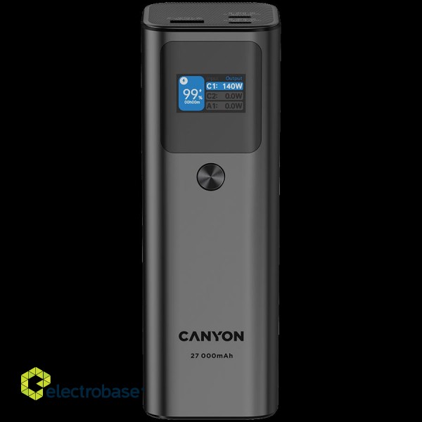CANYON PB-2010, allowed for air travel power bank 27000mAh/97.2Wh Li-poly battery, in/out:2xUSB-C PD3.1 140W, out:USB-A QC 3.0 22.5W,TFT display,Dark Grey image 1