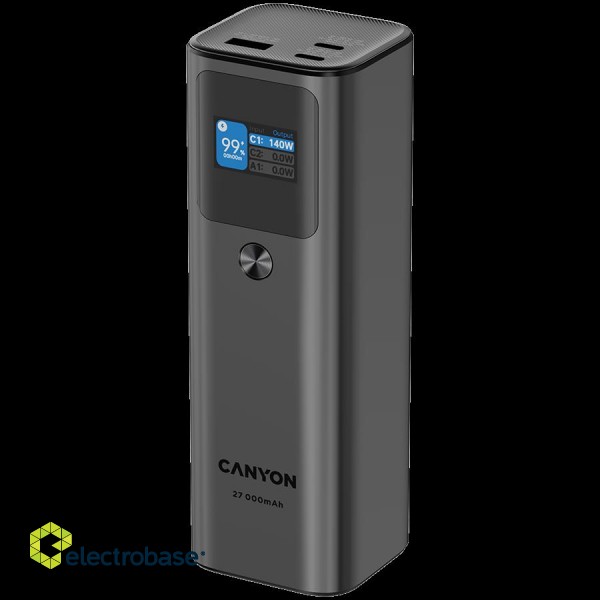 CANYON PB-2010, allowed for air travel power bank 27000mAh/97.2Wh Li-poly battery, in/out:2xUSB-C PD3.1 140W, out:USB-A QC 3.0 22.5W,TFT display,Dark Grey image 2