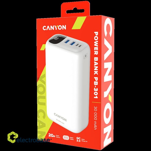 CANYON power bank PB-301 LED 30000 mAh PD 20W QC 3.0 White image 4