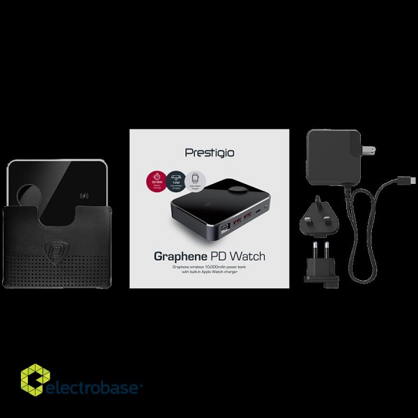 Prestigio Graphene PD Watch Edition, fast charging powerbank, 10000 mAh, 2*USB3.0 QC, 1*Type-C PD, wireless charger 10W, Apple Watch wireless charger 2,5W, LED indicator, leather case, cable type C-USB, 60W adapter, aluminium and tempered glass, black col paveikslėlis 7
