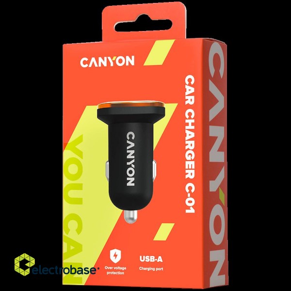 CANYON Universal 1xUSB car adapter, Input 12V-24V, Output 5V-1A, black rubber coating with orange electroplated ring(without LED backlighting), 51.8*31.2*26.2mm, 0.016kg фото 3