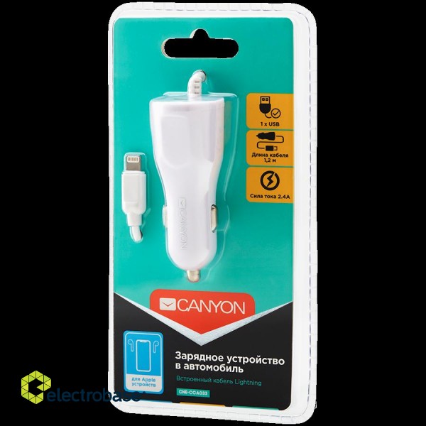 CANYON C-033 Universal 1xUSB car adapter, plus Lightning connector, Input 12V-24V, Output 5V/2.4A(Max), with Smart IC, white glossy, cable length 1.2m, 77*30*30mm, 0.041kg, Russian image 3