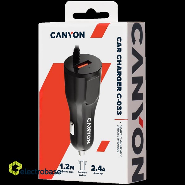 CANYON C-033 Universal 1xUSB car adapter, plus Lightning connector, Input 12V-24V, Output 5V/2.4A(Max), with Smart IC, black glossy, cable length 1.2m, 77*30*30mm, 0.041kg, Russian фото 3