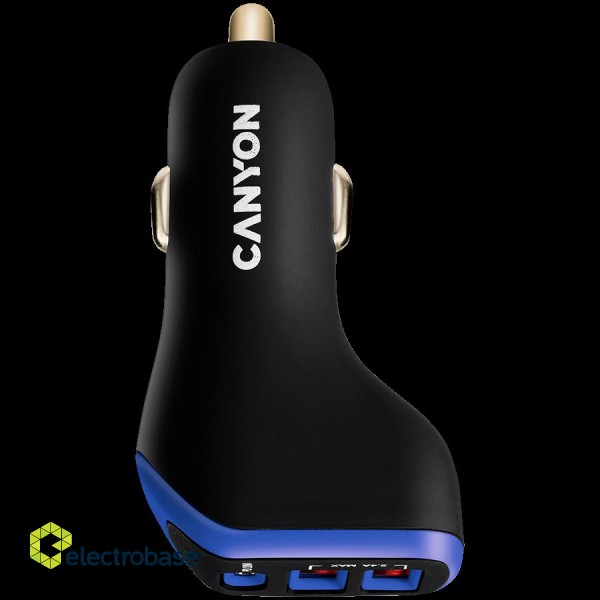 CANYON C-08, Universal 3xUSB car adapter, Input 12V-24V, Output DC USB-A 5V/2.4A(Max) + Type-C PD 18W, with Smart IC, Black+Purple with rubber coating, 71*39*26.2mm, 0.028kg image 1