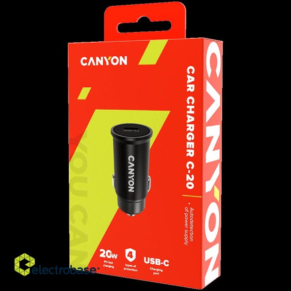 Canyon C-20, PD 20W Pocket size car charger, input: DC12V-24V, output: PD20W, support iPhone12 PD fast charging, Compliant with CE RoHs , Size: 50.6*23.4*23.4, 18g, Black image 5