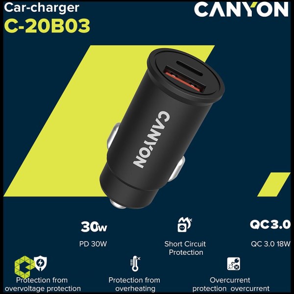 CANYON car charger C-20-03 PD 30W QC 3.0 18W USB-C USB-A black paveikslėlis 4