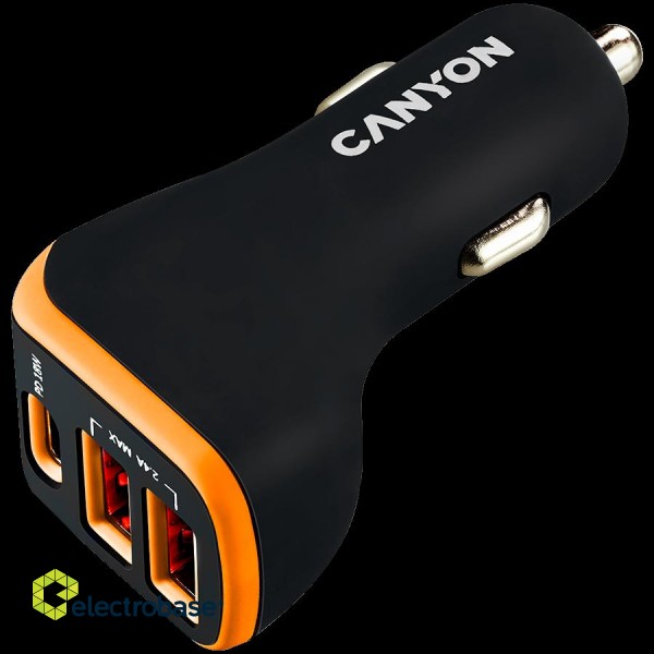 CANYON car charger C-08 PD 18W USB-C 2USB-A Black Orange paveikslėlis 1
