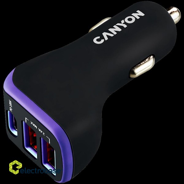 CANYON C-08, Universal 3xUSB car adapter, Input 12V-24V, Output DC USB-A 5V/2.4A(Max) + Type-C PD 18W, with Smart IC, Black+Purple with rubber coating, 71*39*26.2mm, 0.028kg image 2