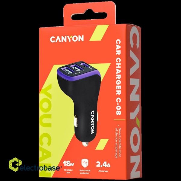 CANYON C-08, Universal 3xUSB car adapter, Input 12V-24V, Output DC USB-A 5V/2.4A(Max) + Type-C PD 18W, with Smart IC, Black+Purple with rubber coating, 71*39*26.2mm, 0.028kg image 4
