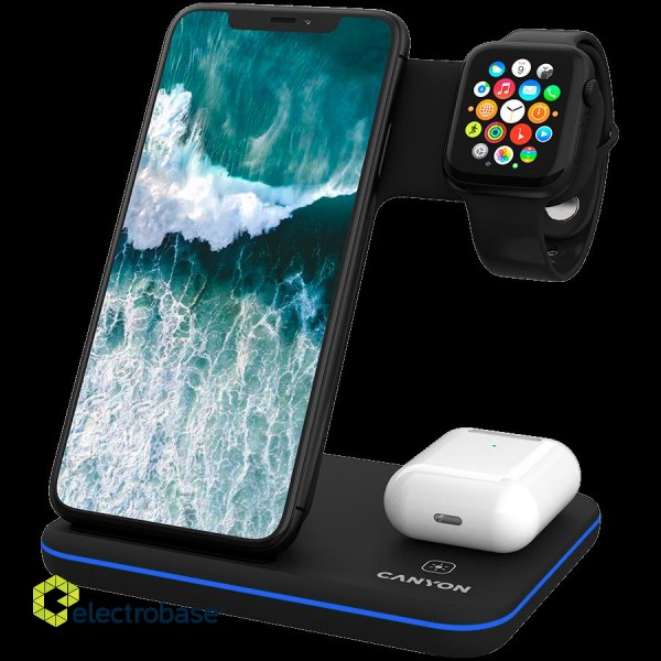 CANYON WS-303, 3in1 Wireless charger, with touch button for Running water light, Input 9V/2A, 12V/2A, Output 15W/10W/7.5W/5W, Type c to USB-A cable length 1.2m, 137*103*140mm, 0.195Kg, Black фото 1
