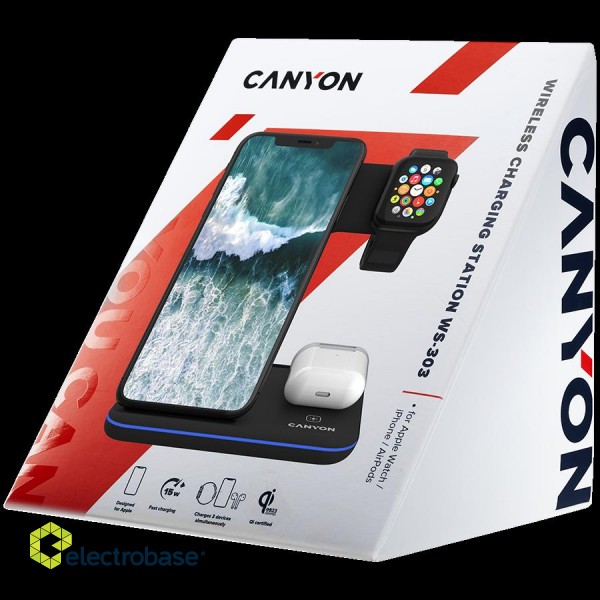 CANYON WS-303, 3in1 Wireless charger, with touch button for Running water light, Input 9V/2A, 12V/2A, Output 15W/10W/7.5W/5W, Type c to USB-A cable length 1.2m, 137*103*140mm, 0.195Kg, Black фото 6