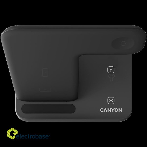 CANYON WS-303, 3in1 Wireless charger, with touch button for Running water light, Input 9V/2A, 12V/2A, Output 15W/10W/7.5W/5W, Type c to USB-A cable length 1.2m, 137*103*140mm, 0.195Kg, Black фото 4