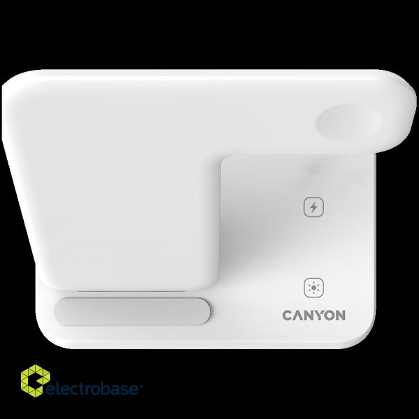 CANYON WS-303, 3in1 Wireless charger, with touch button for Running water light, Input 9V/2A, 12V/2A, Output 15W/10W/7.5W/5W, Type c to USB-A cable length 1.2m, 137*103*140mm, 0.22Kg, White фото 3