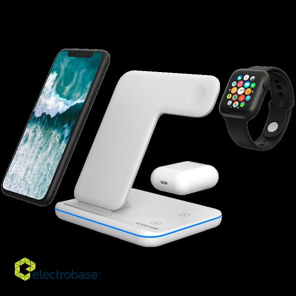 CANYON WS-303, 3in1 Wireless charger, with touch button for Running water light, Input 9V/2A, 12V/2A, Output 15W/10W/7.5W/5W, Type c to USB-A cable length 1.2m, 137*103*140mm, 0.22Kg, White фото 5