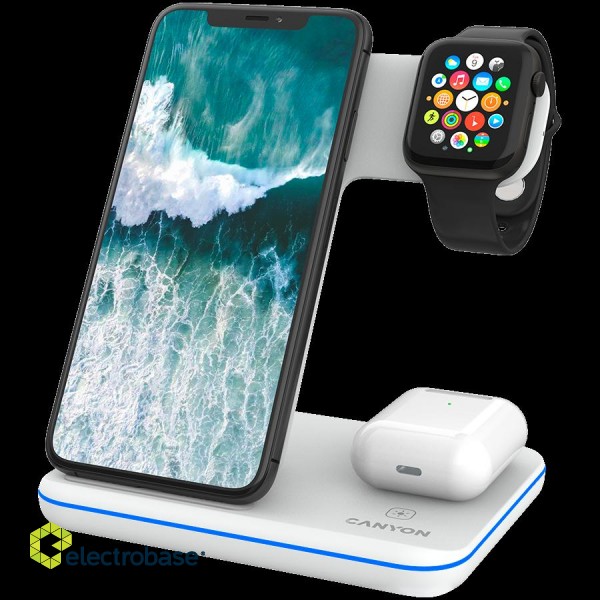CANYON WS-303, 3in1 Wireless charger, with touch button for Running water light, Input 9V/2A, 12V/2A, Output 15W/10W/7.5W/5W, Type c to USB-A cable length 1.2m, 137*103*140mm, 0.22Kg, White фото 6