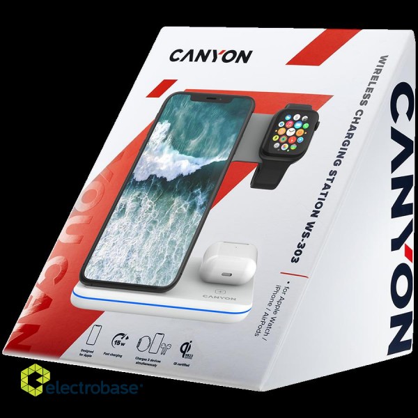 CANYON WS-303, 3in1 Wireless charger, with touch button for Running water light, Input 9V/2A, 12V/2A, Output 15W/10W/7.5W/5W, Type c to USB-A cable length 1.2m, 137*103*140mm, 0.22Kg, White фото 7