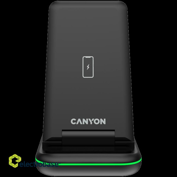 CANYON WS-304, Foldable  3in1 Wireless charger, with touch button for Running water light, Input 9V/2A,  12V/1.5AOutput 15W/10W/7.5W/5W, Type c to USB-A cable length 1.2m, with QC18W EU plug,132.51*75*28.58mm, 0.168Kg, Black фото 1