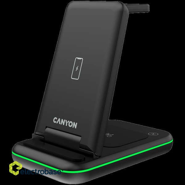 CANYON WS-304, Foldable  3in1 Wireless charger, with touch button for Running water light, Input 9V/2A,  12V/1.5AOutput 15W/10W/7.5W/5W, Type c to USB-A cable length 1.2m, with QC18W EU plug,132.51*75*28.58mm, 0.168Kg, Black фото 2