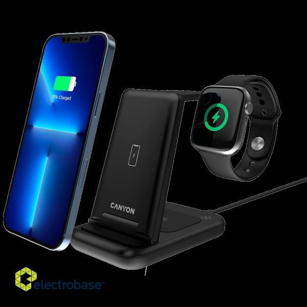 CANYON WS-304, Foldable  3in1 Wireless charger, with touch button for Running water light, Input 9V/2A,  12V/1.5AOutput 15W/10W/7.5W/5W, Type c to USB-A cable length 1.2m, with QC18W EU plug,132.51*75*28.58mm, 0.168Kg, Black фото 4