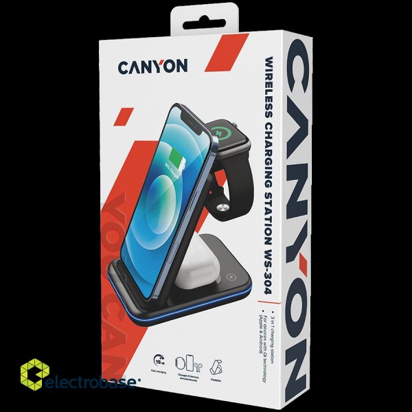 CANYON WS-304, Foldable  3in1 Wireless charger, with touch button for Running water light, Input 9V/2A,  12V/1.5AOutput 15W/10W/7.5W/5W, Type c to USB-A cable length 1.2m, with QC18W EU plug,132.51*75*28.58mm, 0.168Kg, Black фото 9
