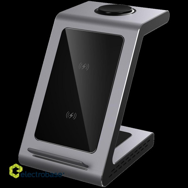 Prestigio ReVolt A8, 3-in-1 wireless charging station for iPhone, Apple Watch, AirPods, wilreless output for phone 7.5W/10W, wireless output for AirPods 5W, wireless output for Apple Watch 2.5W, material: aluminum+tempered glass, space grey color. image 1