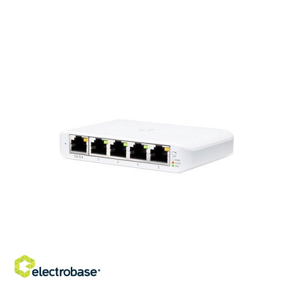 UBIQUITI Flex Mini; (4) GbE ports; (1) GbE PoE input port for power; Optional powering with included 5V, 1A USB-C adapter.